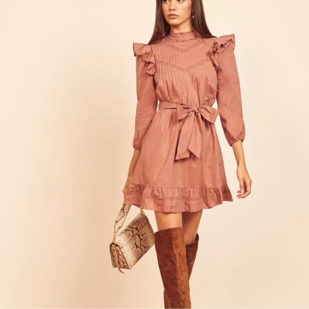 Reformation Dinah Dress mini mauve Praline Ruffle Pintuck Pleat size 4 (S)EUC
